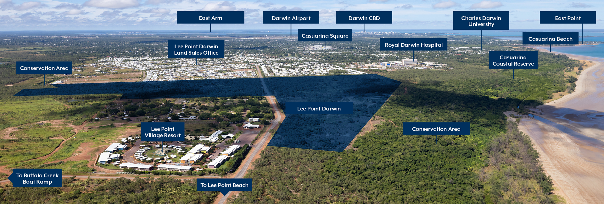 Aerial show of the development with overlay graphics pointing to amenities of interest in the nearby suburbs. These include Casuarina Coastal Reserve, East Point, Casuarina Beach, Casuarina Square, Charles Darwin University, Royal Darwin Hospital, Darwin CBD, Darwin Airport, East Arm, Lee Point Village Resort, Lee Point Beach, and Buffalo Creek Boat Ramp.